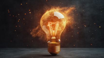 Poster - A light bulb is lit up and surrounded by sparks