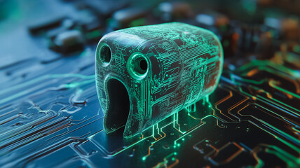 Poster - A green electronic device with a face on it. The device is on a circuit board. The face is looking at the camera
