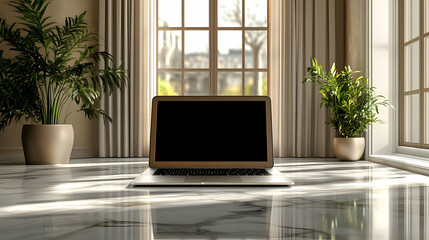 Poster - A minimalist workspace featuring a laptop on a marble floor with plants in the background.