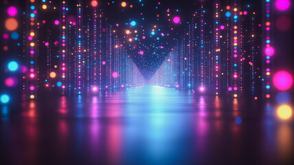 Poster - A colorful, neon-lit tunnel with a blue floor. The tunnel is filled with bright lights and the floor is a deep blue