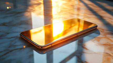 Poster - A sleek smartphone resting on a marble surface, reflecting warm sunlight.