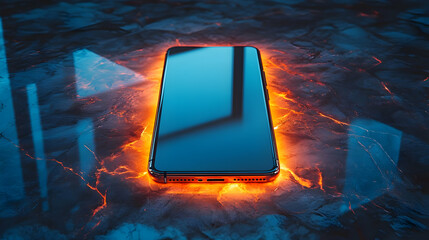 Fototapete - A smartphone illuminated with a glowing orange light on a textured surface.