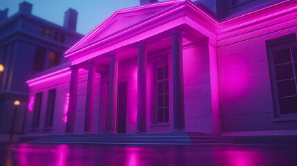 Poster - A building with pink lights on it. The building is a bank