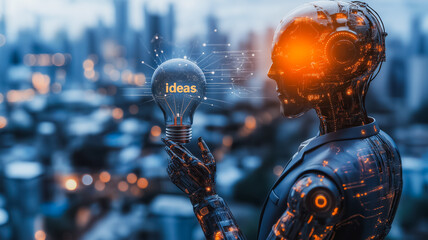 Poster - A robot holding a light bulb with the word 