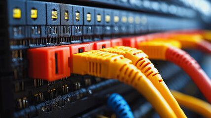 Poster - A network of cables with orange, yellow, and blue wires. The cables are connected to a black box