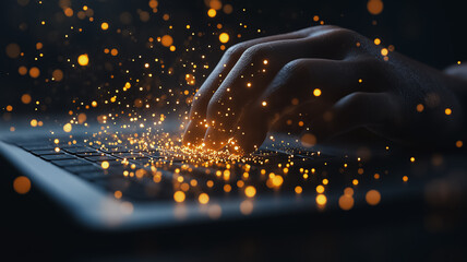 Poster - A hand is typing on a laptop keyboard with a lot of glowing sparks