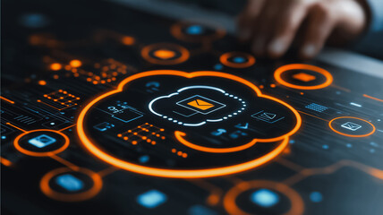 Poster - A hand is touching a screen with a cloud and an envelope. Concept of communication and the importance of staying connected with others