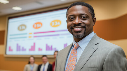 Poster - a man in a suit and tie is smiling in front of a large screen with a graph on it