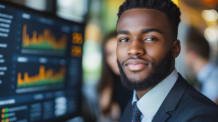 Poster - a man with a beard and a suit is looking at a computer screen