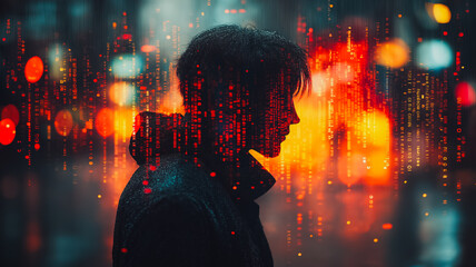 Poster - A man is standing in the rain with a hood over his head. The image is a digital rendering of the man's face, with the background being a cityscape. Scene is somewhat melancholic