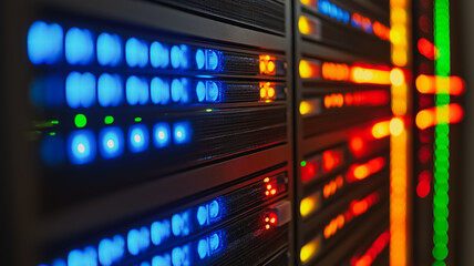 Poster - A row of computer servers with blue, red, and green lights