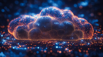 Poster - A cloud of glowing orbs with a blue background. The orbs are orange and blue and are scattered all over the image. The image has a dreamy, ethereal quality to it