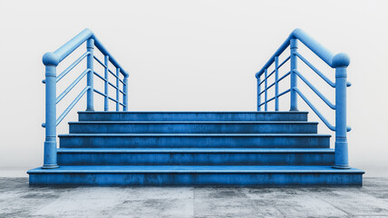Poster - A blue staircase is shown in front of a white background. The staircase is empty and he is a part of a bridge. The blue color of the staircase gives a sense of calmness and serenity