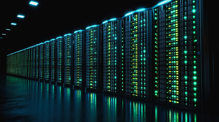 Poster - A row of computer servers are lit up in green and yellow. The servers are lined up in a row and are glowing brightly. Concept of technology and innovation, as well as the importance of data storage