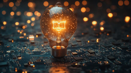 Poster - A light bulb is lit up in a dark room with a computer chip on the ground