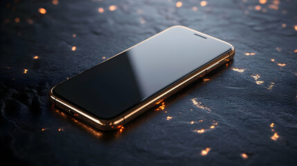 Poster - A sleek smartphone resting on a textured surface, reflecting light and ambiance.