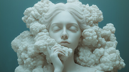 Poster - A woman's face is shown in a white cloud of smoke. The woman is looking down and she is in a contemplative mood. The smoke surrounding her gives the impression of a dreamlike or surreal atmosphere