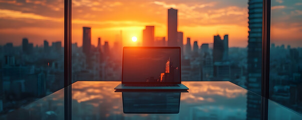 Poster - A laptop sits on a glass table, overlooking a city skyline at sunset.