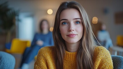 Poster - Woman participating in a group therapy session with other patients and a counselor Stock Photo with side copy space