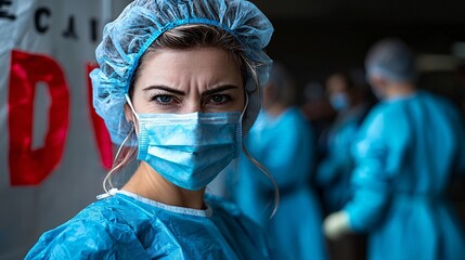 Poster - Woman preparing for outpatient surgery receiving detailed instructions from a nurse Stock Photo with side copy space