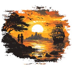 Wall Mural - Silhouetted Couple Watching a Sunset with a Sailing Ship and Cityscape.