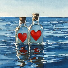 Canvas Print - Two Glass Bottles with Red Hearts Floating on a Calm Blue Sea A Watercolor Painting.