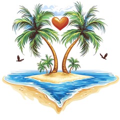 Wall Mural - Romantic Tropical Island Paradise Two Palm Trees Forming a Heart Shape on a Secluded Beach.