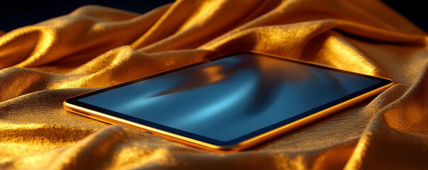 Poster - A sleek tablet resting on a luxurious golden fabric, showcasing modern technology.