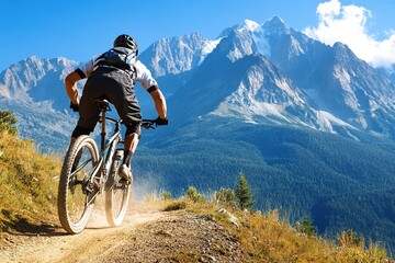 Aufkleber - mountain biker speeding down dirt path in mountains with tall peaks in background and clear skies ample copy space
