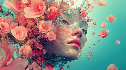 Poster - Surreal Woman and Flowers: A Dreamlike Digital Art