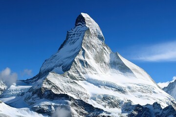 Poster - mountain peak with snow-covered slopes expansive blue sky above plenty of copy space around mountain