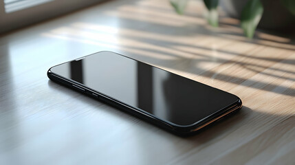 Poster - A sleek smartphone resting on a wooden surface, illuminated by natural light.