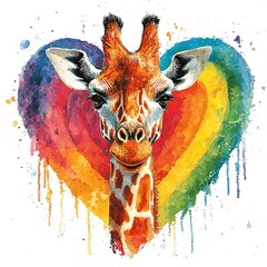 Canvas Print - Vibrant Rainbow Heart Giraffe Portrait A Colorful Artistic Animal Illustration.