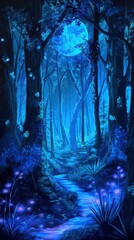 Wall Mural - A captivating and ethereal scene depicting a mystical forest illuminated by soft blue hues, featuring tall, dark trees surrounded by vibrant flowers and glowing plants. A winding path leads through th