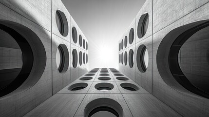 Wall Mural - Concrete structure, circular windows, bright sky.