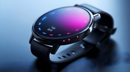 Poster - A sleek smartwatch displaying a gradient screen with various indicators and a black strap.