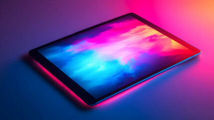 Fototapete - A sleek tablet displaying vibrant, colorful abstract visuals with a glowing edge.