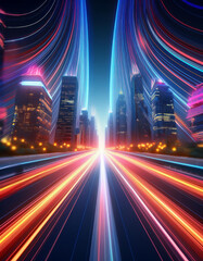 Wall Mural - long streaks of orange and blue light moving fast on night city street. futuristic digital style on 