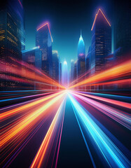 Wall Mural - long streaks of orange and blue light moving fast on night city street. futuristic digital style on 