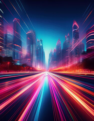 Wall Mural - long streaks of orange and blue light moving fast on night city street. futuristic digital style on 