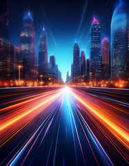 Wall Mural - light trails speeding through modern city with skyscrapers at night
