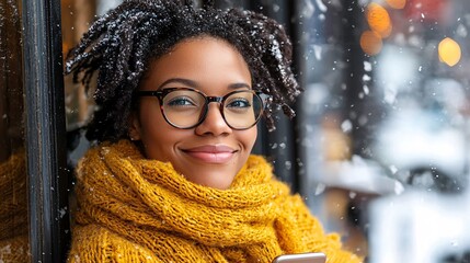 Poster - Woman using a smartphone app to track expenses while sitting in a cozy cafe Stock Photo with side copy space