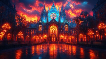 Canvas Print - Gothic cathedral, fiery sunset, illuminated plaza.