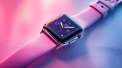 Poster - A close-up of a smartwatch with a pink strap, displaying various health metrics and time.