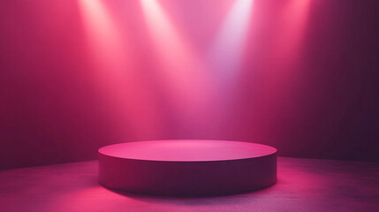 Poster - Bright pink light illuminating an empty circular stage in a dark space. 