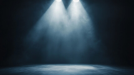 Poster - Spotlights illuminate an empty stage with dramatic lighting effects. 
