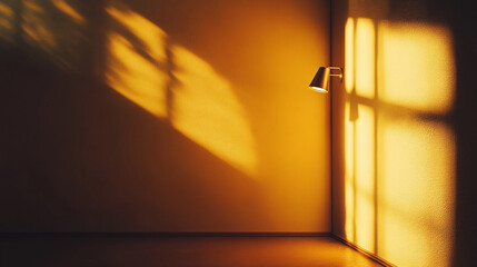 Poster - Warm sunlight casts shadows in a cozy, empty room with a lamp. 