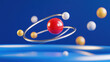 © Pisahouse - Quantum, 3D representation of an atom with a red nucleus and orbiting particles on a blue background, symbolizing atomic structure and scientific concepts.