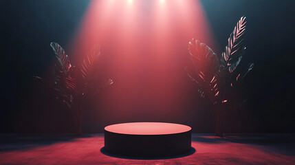Poster - Stage with circular platform illuminated by pink and purple lights in dark setting. 