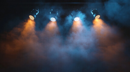 Poster - Dynamic spotlights illuminate a stage filled with colorful smoke at night. 